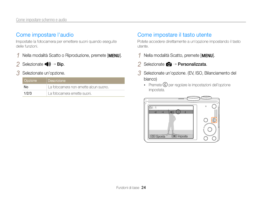 Samsung EC-WB700ZBPBE1 manual Come impostare laudio, Come impostare il tasto utente, Come impostare schermo e audio 