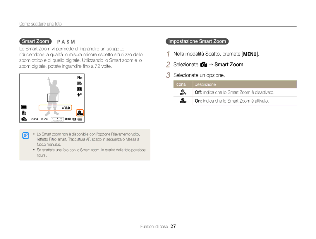 Samsung EC-WB700ZBPBE1 manual Nella modalità Scatto, premete m Selezionate a “ Smart Zoom, Smart Zoom p a h M 