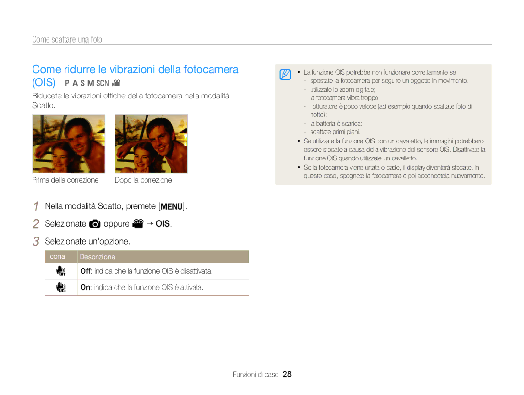 Samsung EC-WB700ZBPBE1 manual Come ridurre le vibrazioni della fotocamera OIS 