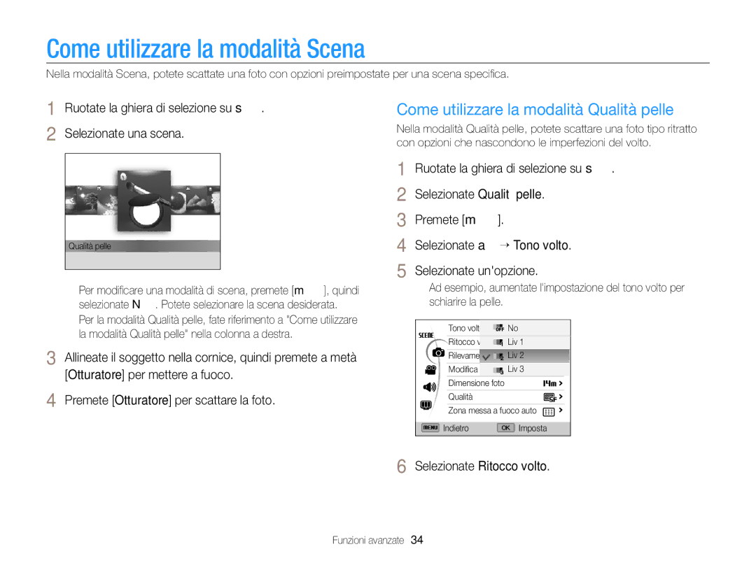 Samsung EC-WB700ZBPBE1 manual Come utilizzare la modalità Scena, Come utilizzare la modalità Qualità pelle 