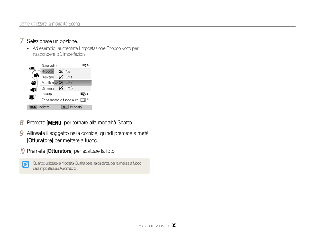 Samsung EC-WB700ZBPBE1 manual Come utilizzare la modalità Scena, Premete m per tornare alla modalità Scatto 