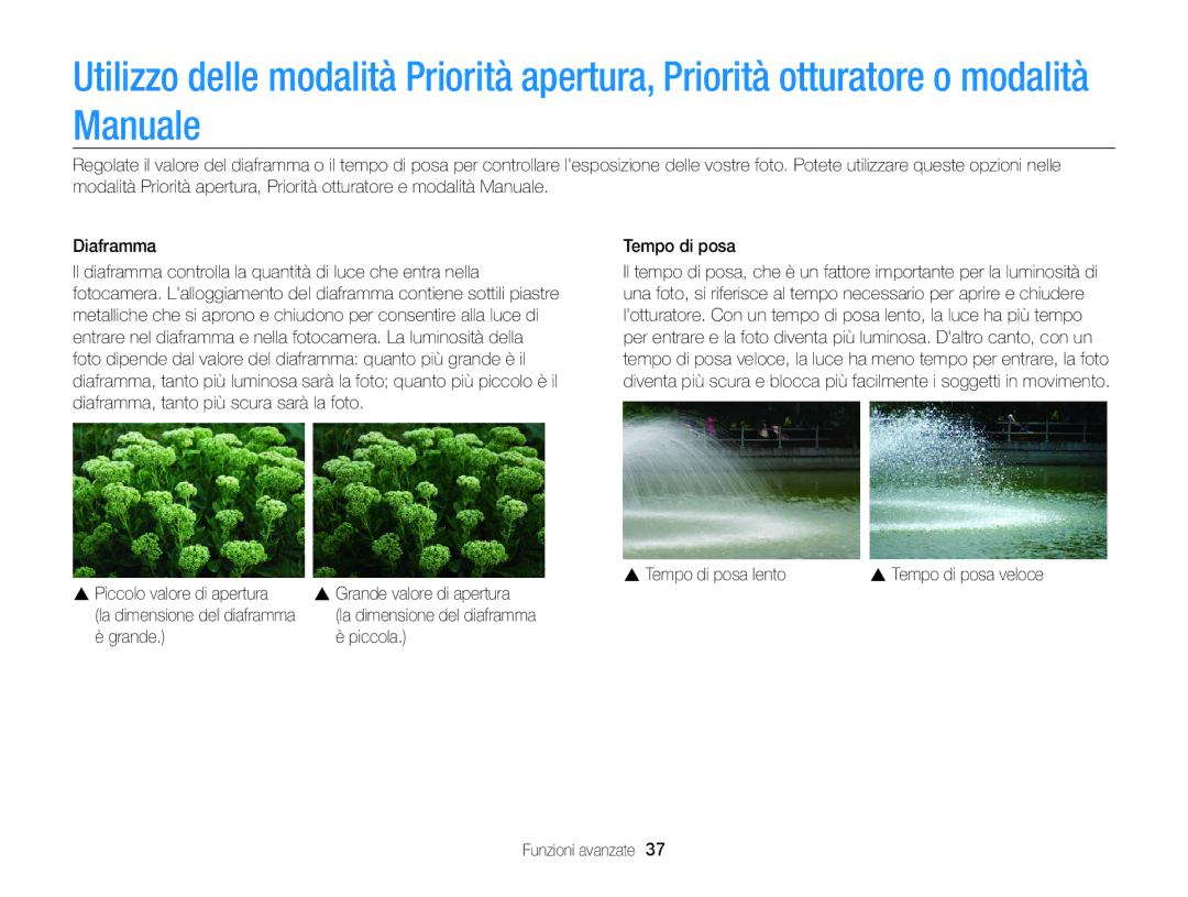 Samsung EC-WB700ZBPBE1 manual Tempo di posa lento, Piccolo valore di apertura, Grande Piccola Funzioni avanzate 