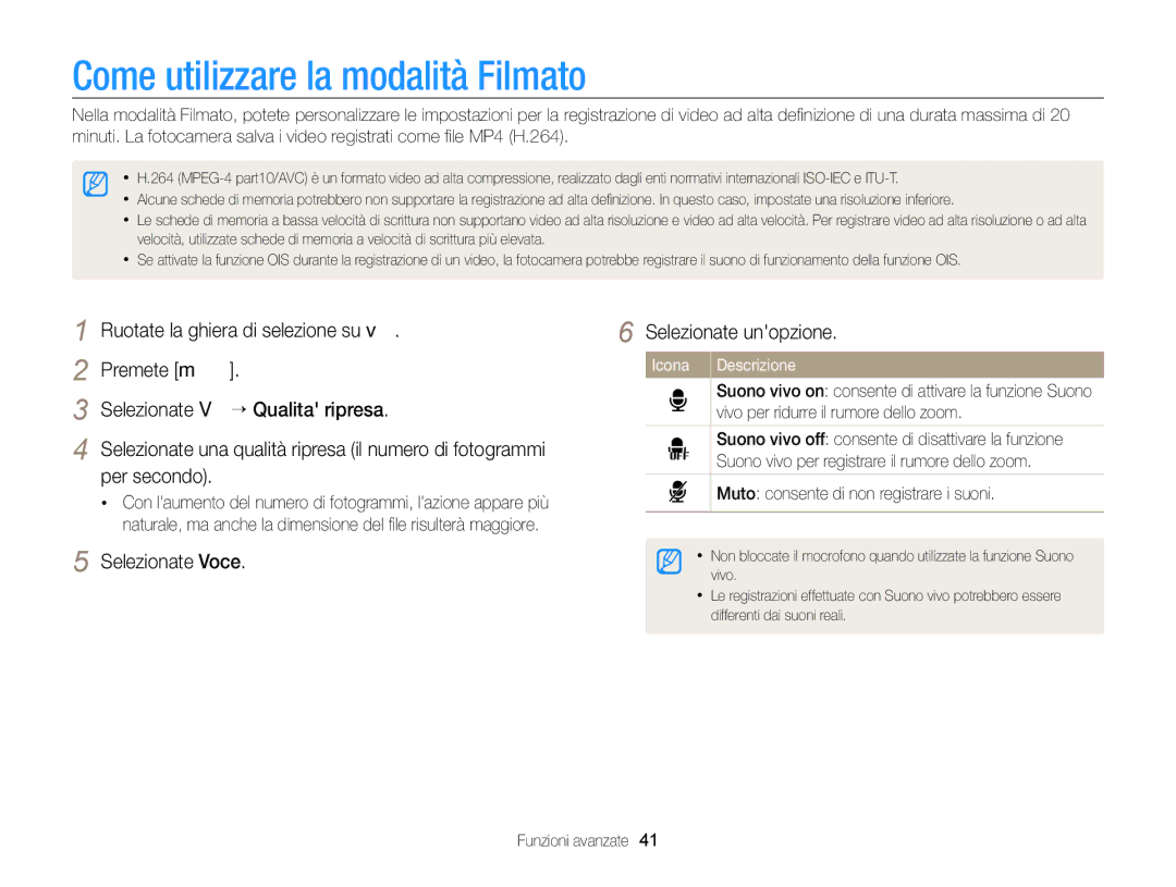 Samsung EC-WB700ZBPBE1 Come utilizzare la modalità Filmato, Selezionate V “ Qualita ripresa, Per secondo, Selezionate Voce 