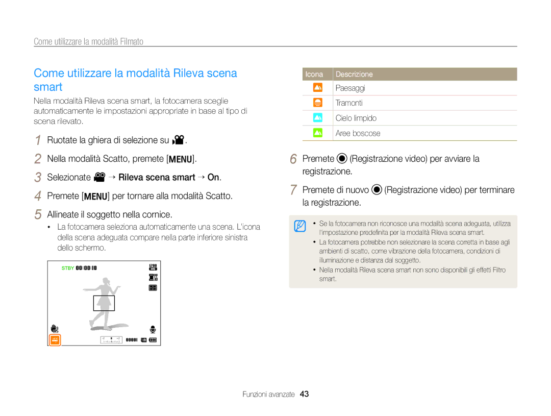 Samsung EC-WB700ZBPBE1 manual Come utilizzare la modalità Rileva scena smart, Paesaggi Tramonti Cielo limpido Aree boscose 