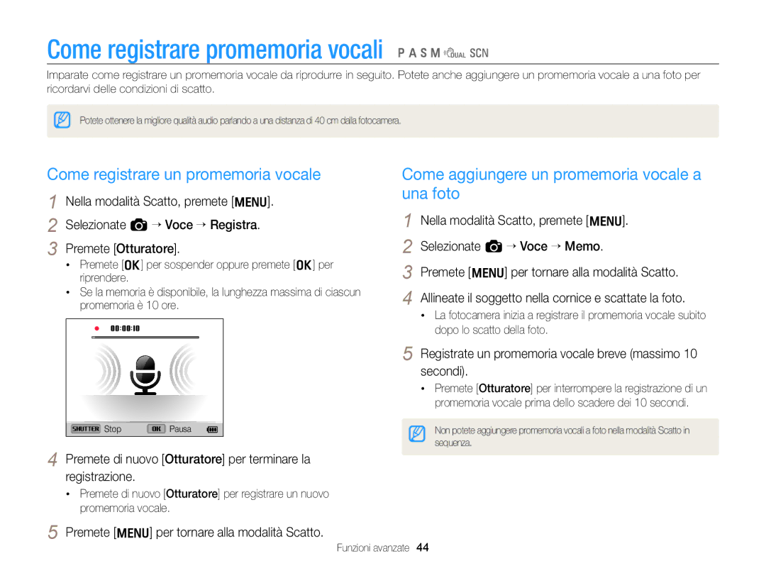 Samsung EC-WB700ZBPBE1 Come registrare promemoria vocali p a h M d s, Come registrare un promemoria vocale, Registrazione 