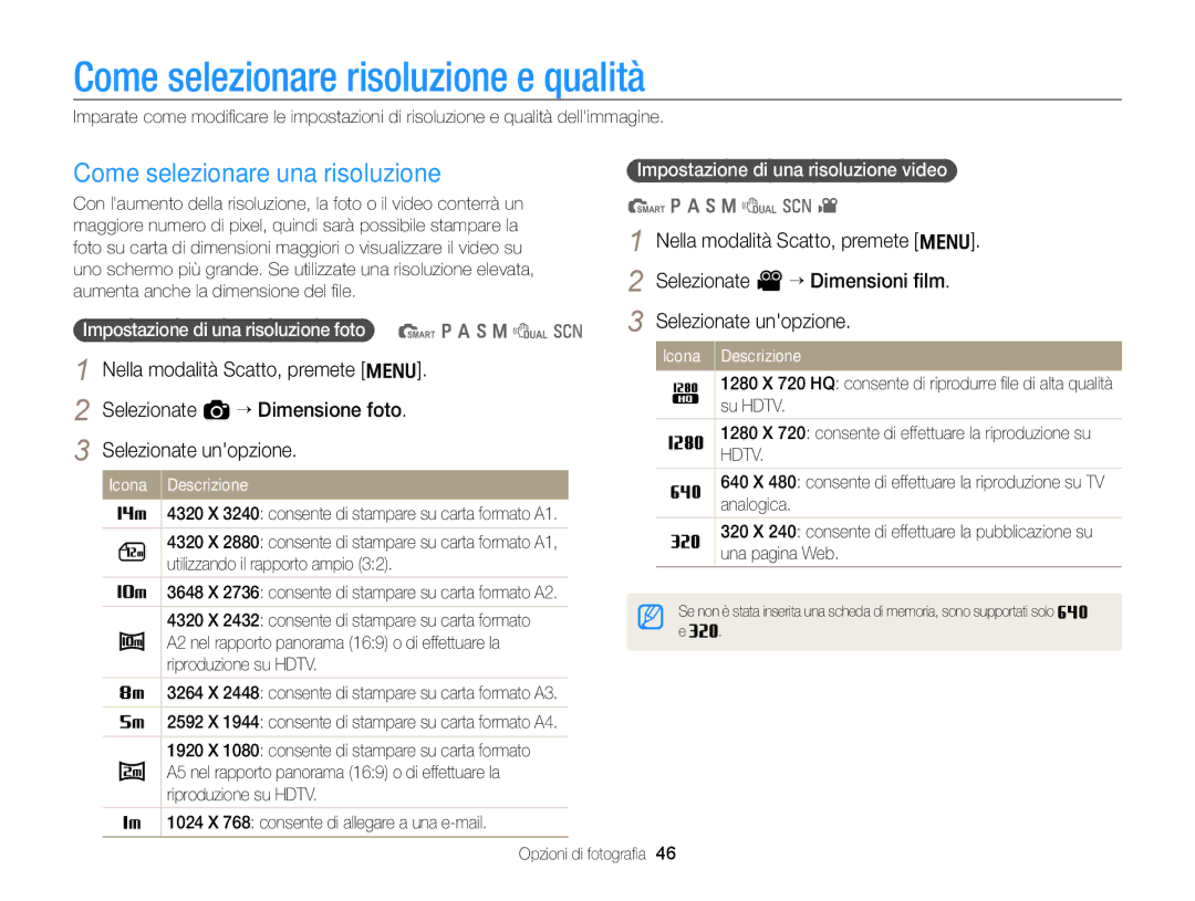 Samsung EC-WB700ZBPBE1 manual Come selezionare risoluzione e qualità, Come selezionare una risoluzione 