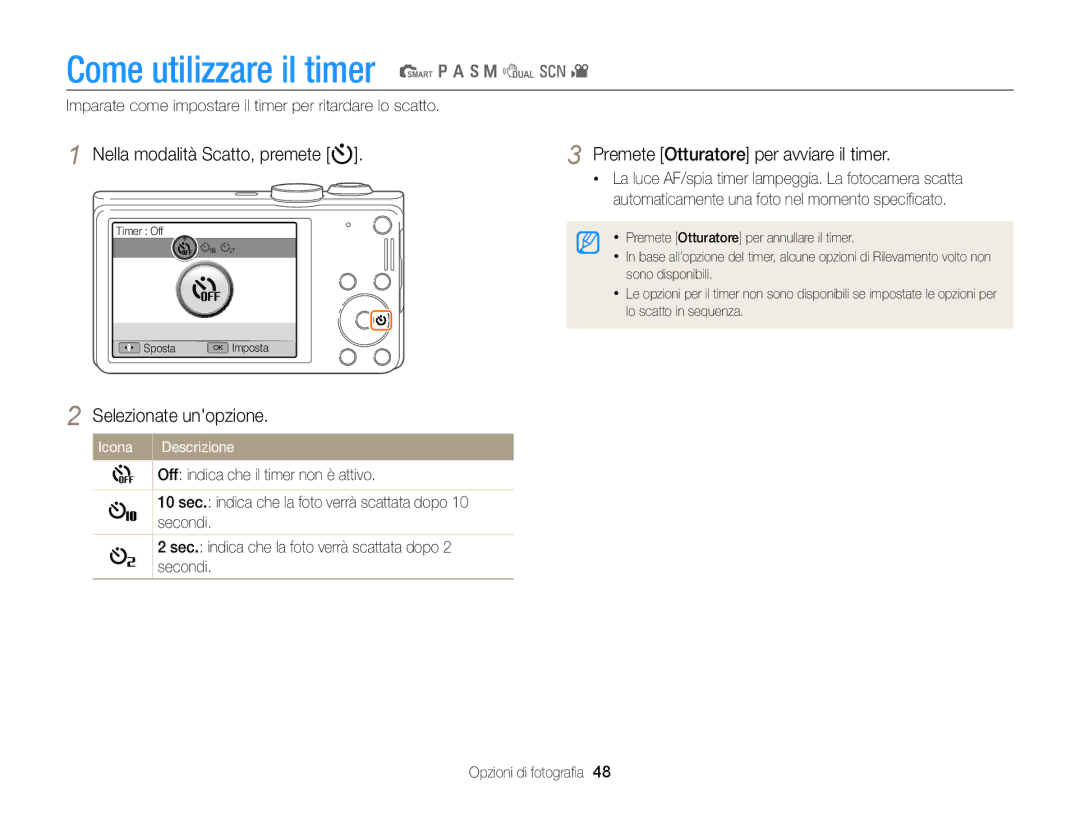 Samsung EC-WB700ZBPBE1 manual Come utilizzare il timer S p a h M d s, Nella modalità Scatto, premete t, Icona 