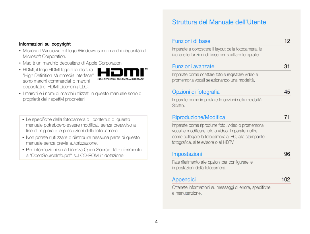 Samsung EC-WB700ZBPBE1 manual Struttura del Manuale dellUtente, 102 