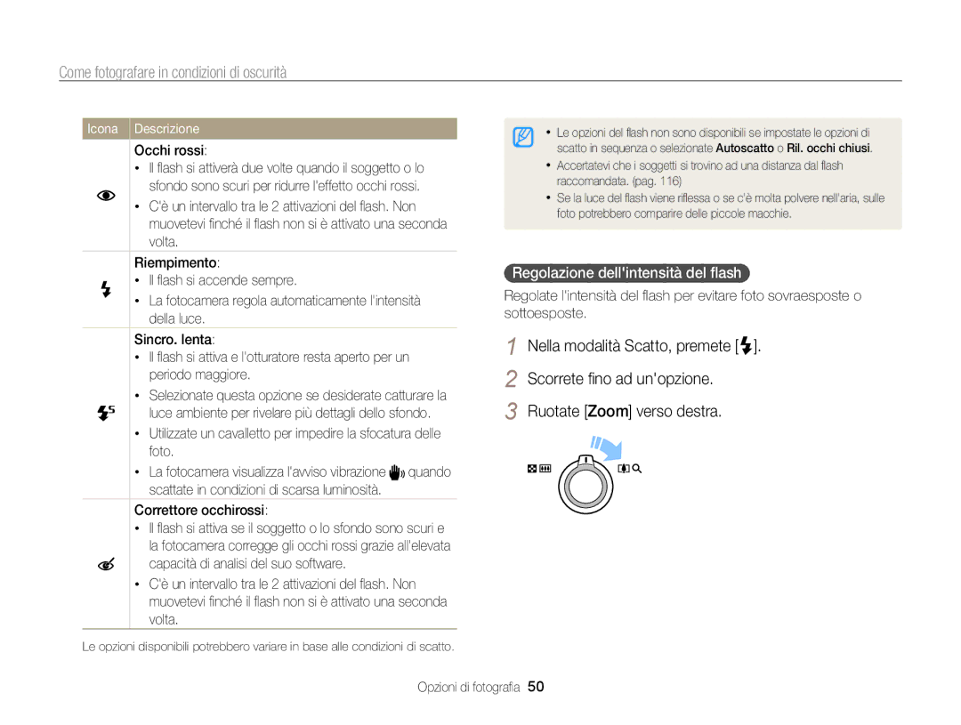 Samsung EC-WB700ZBPBE1 manual Come fotografare in condizioni di oscurità, Regolazione dellintensità del ﬂash, Occhi rossi 