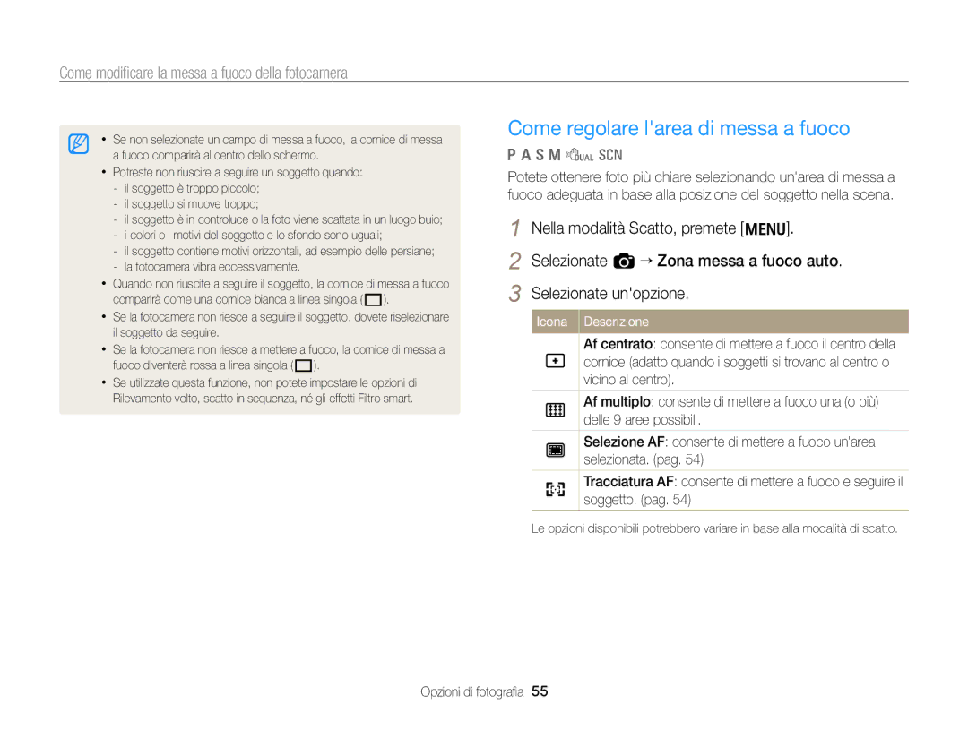 Samsung EC-WB700ZBPBE1 manual Come modiﬁcare la messa a fuoco della fotocamera 