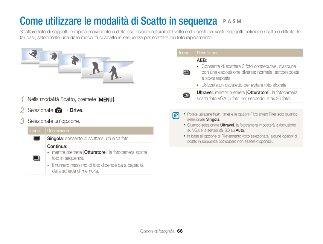 Samsung EC-WB700ZBPBE1 manual Come utilizzare le modalità di Scatto in sequenza pAhM, Opzioni di fotografia 