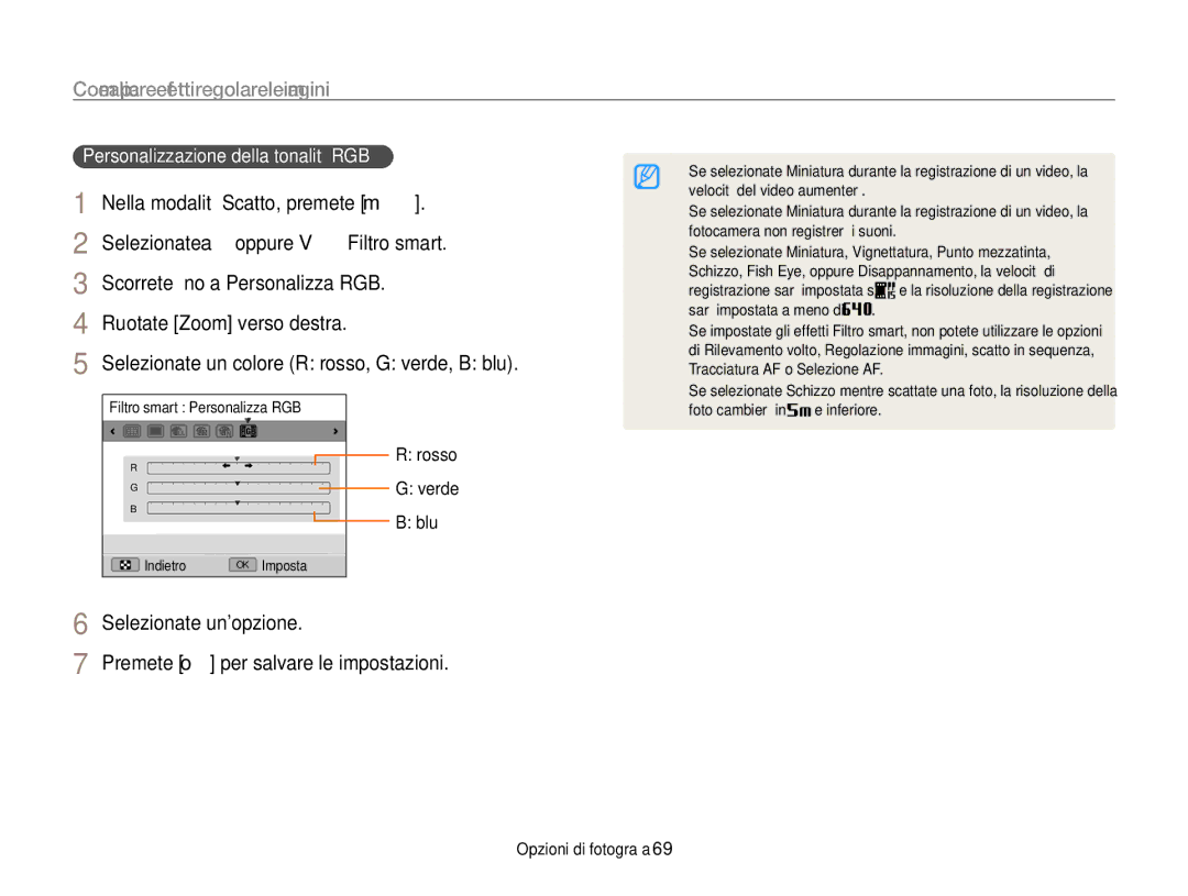 Samsung EC-WB700ZBPBE1 manual Personalizzazione della tonalità RGB, Rosso, Verde Blu, Premete o per salvare le impostazioni 