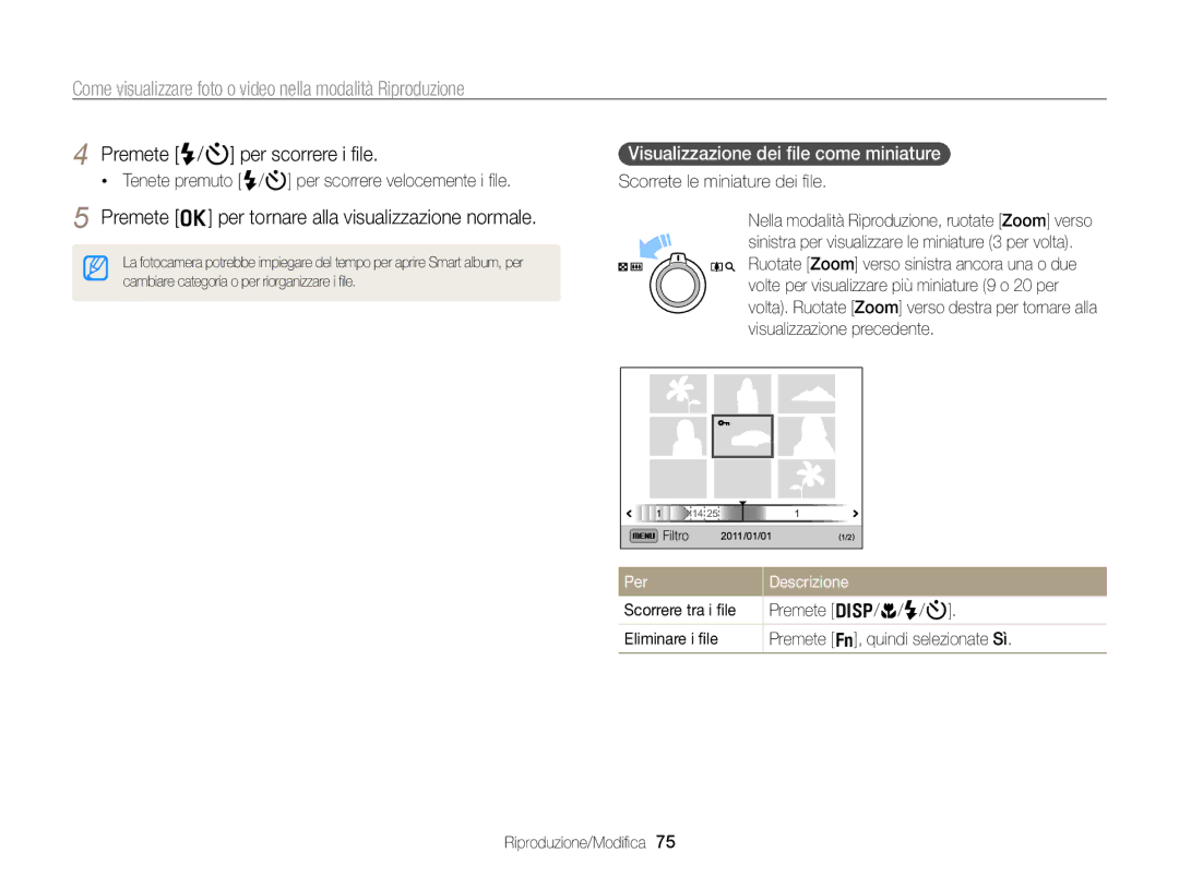 Samsung EC-WB700ZBPBE1 manual Premete o per tornare alla visualizzazione normale, Visualizzazione dei ﬁle come miniature 