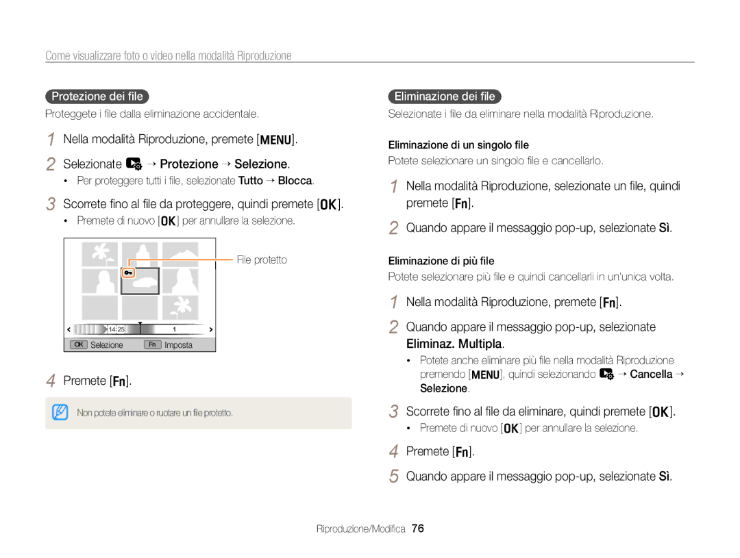 Samsung EC-WB700ZBPBE1 manual Scorrete ﬁno al ﬁle da proteggere, quindi premete o, Protezione dei ﬁle, Eliminazione dei ﬁle 