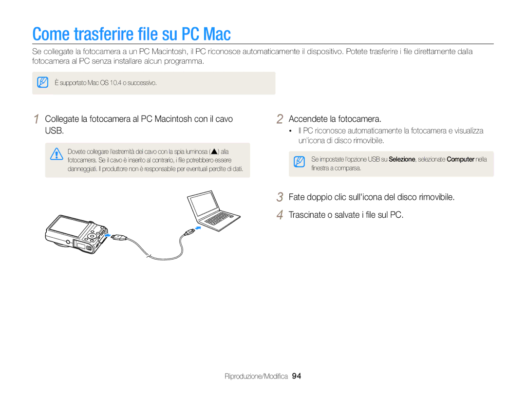 Samsung EC-WB700ZBPBE1 manual Come trasferire ﬁle su PC Mac, Collegate la fotocamera al PC Macintosh con il cavo USB 