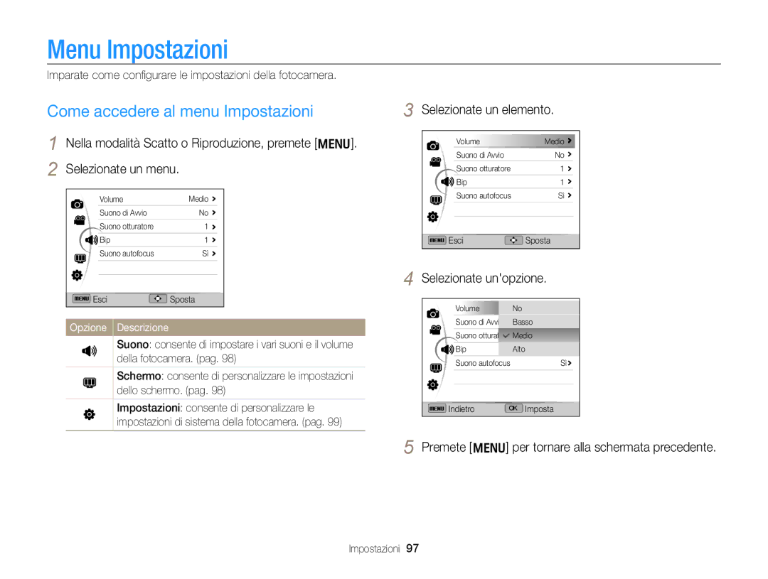 Samsung EC-WB700ZBPBE1 manual Menu Impostazioni, Come accedere al menu Impostazioni, Selezionate un elemento 