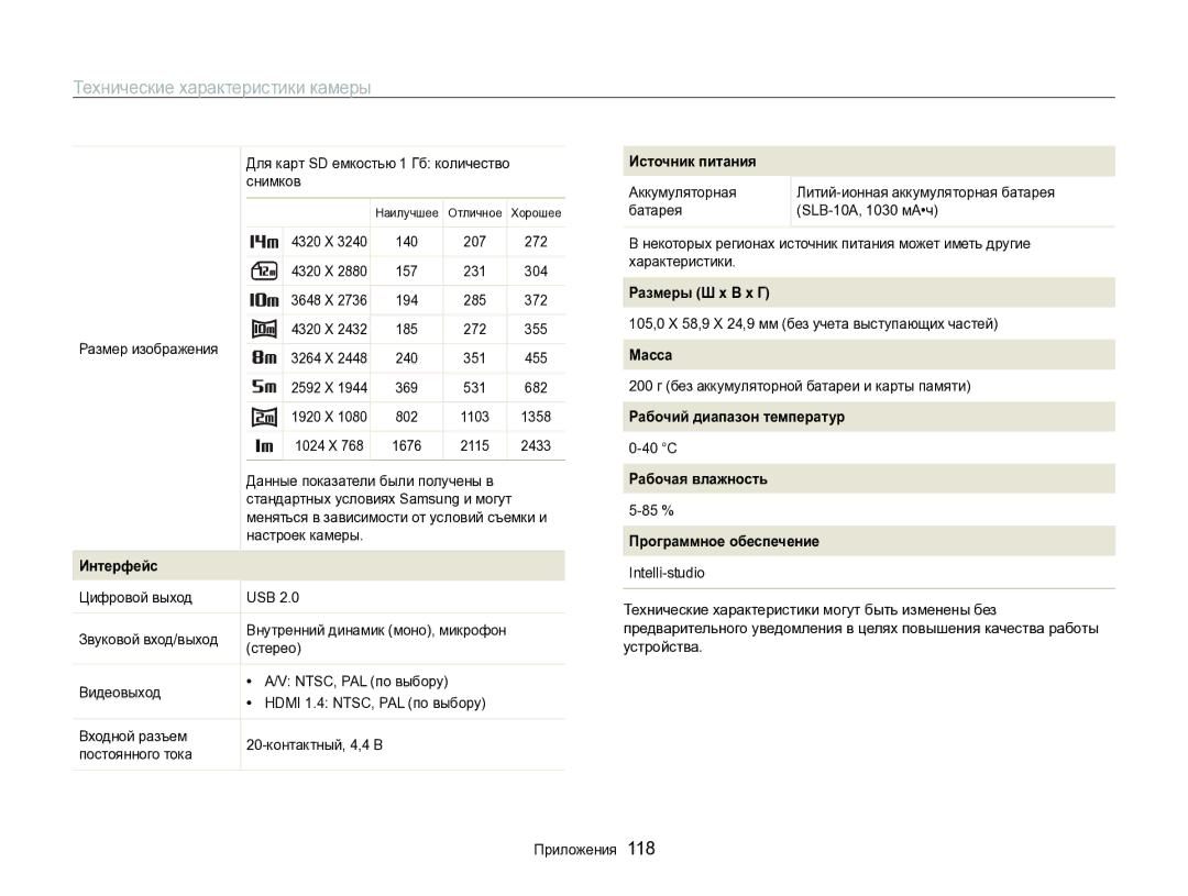 Samsung EC-WB700ZBPBRU manual Источник питания, Размеры Ш x В x Г, Масса, Рабочий диапазон температур, Рабочая влажность 