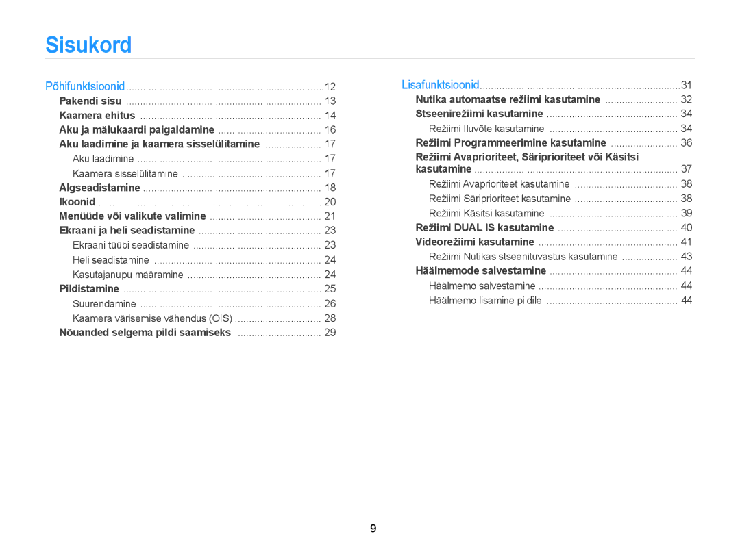 Samsung EC-WB700ZBPBE2 manual Sisukord, Aku laadimine ja kaamera sisselülitamine 