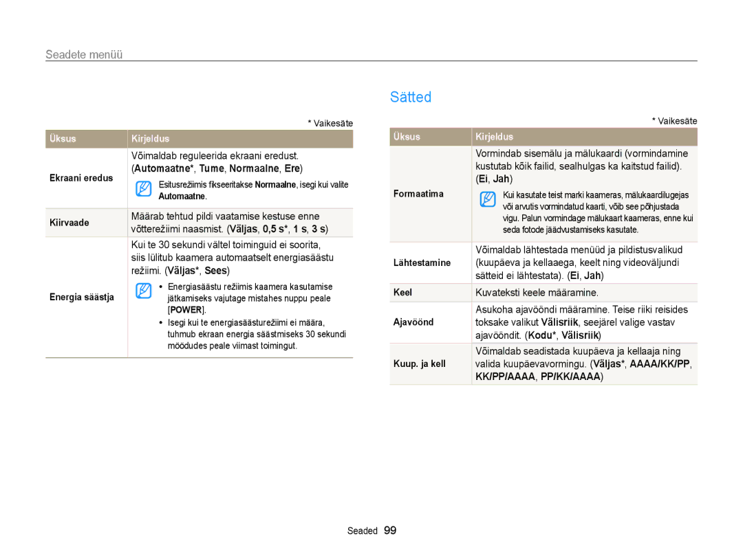 Samsung EC-WB700ZBPBE2 manual Sätted, Automaatne*, Tume, Normaalne, Ere, Ei, Jah 