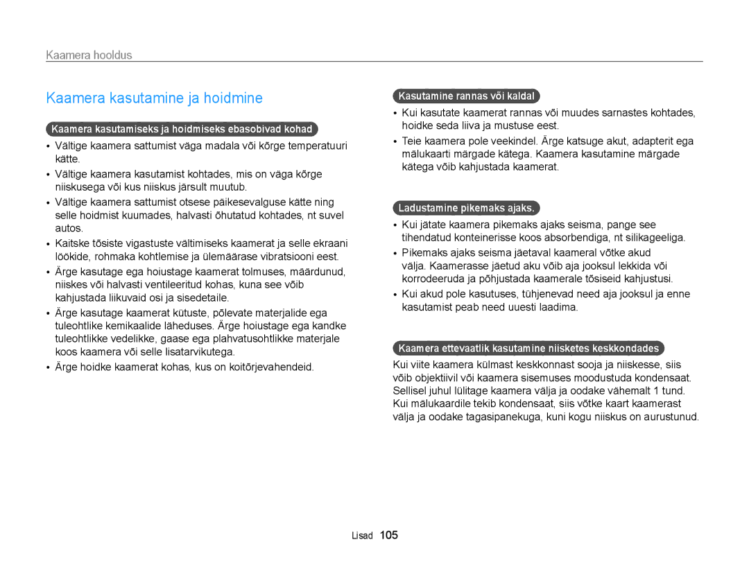 Samsung EC-WB700ZBPBE2 manual Kaamera kasutamine ja hoidmine, Kaamera hooldus 