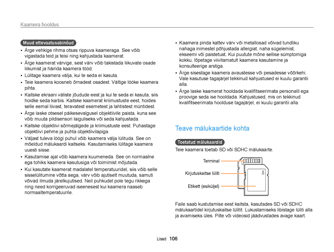 Samsung EC-WB700ZBPBE2 manual Teave mälukaartide kohta, Muud ettevaatusabinõud, Toetatud mälukaardid 