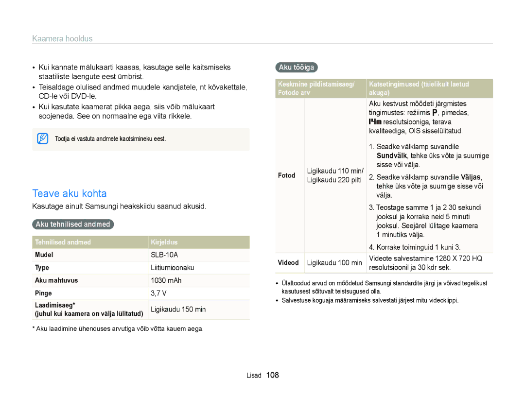 Samsung EC-WB700ZBPBE2 manual Teave aku kohta, Aku tehnilised andmed, Aku tööiga 