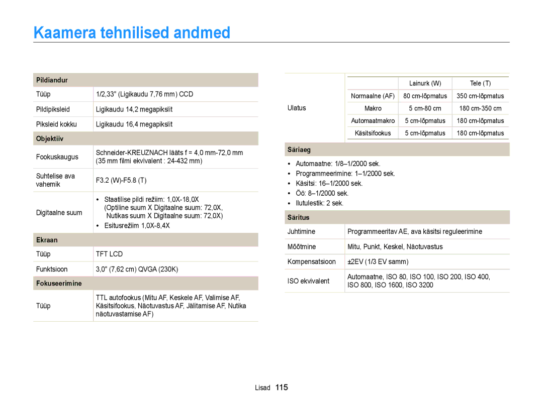 Samsung EC-WB700ZBPBE2 manual Kaamera tehnilised andmed 