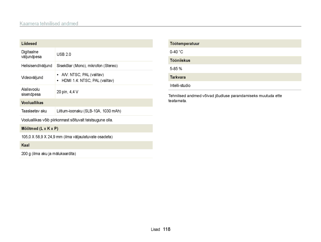 Samsung EC-WB700ZBPBE2 manual Liidesed, Vooluallikas, Mõõtmed L x K x P, Kaal, Töötemperatuur, Tööniiskus, Tarkvara 