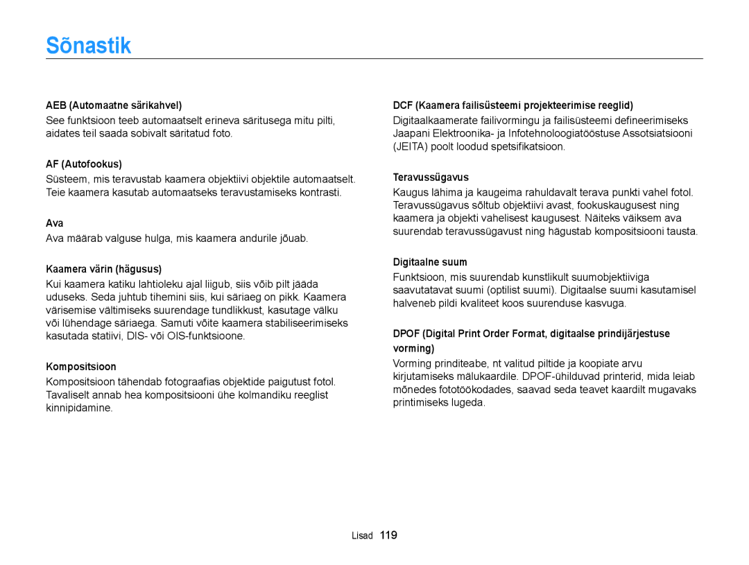 Samsung EC-WB700ZBPBE2 manual Sõnastik 