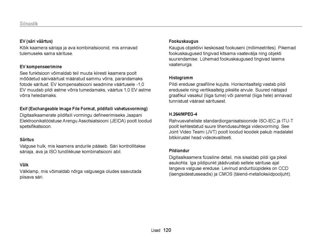 Samsung EC-WB700ZBPBE2 manual Sõnastik 