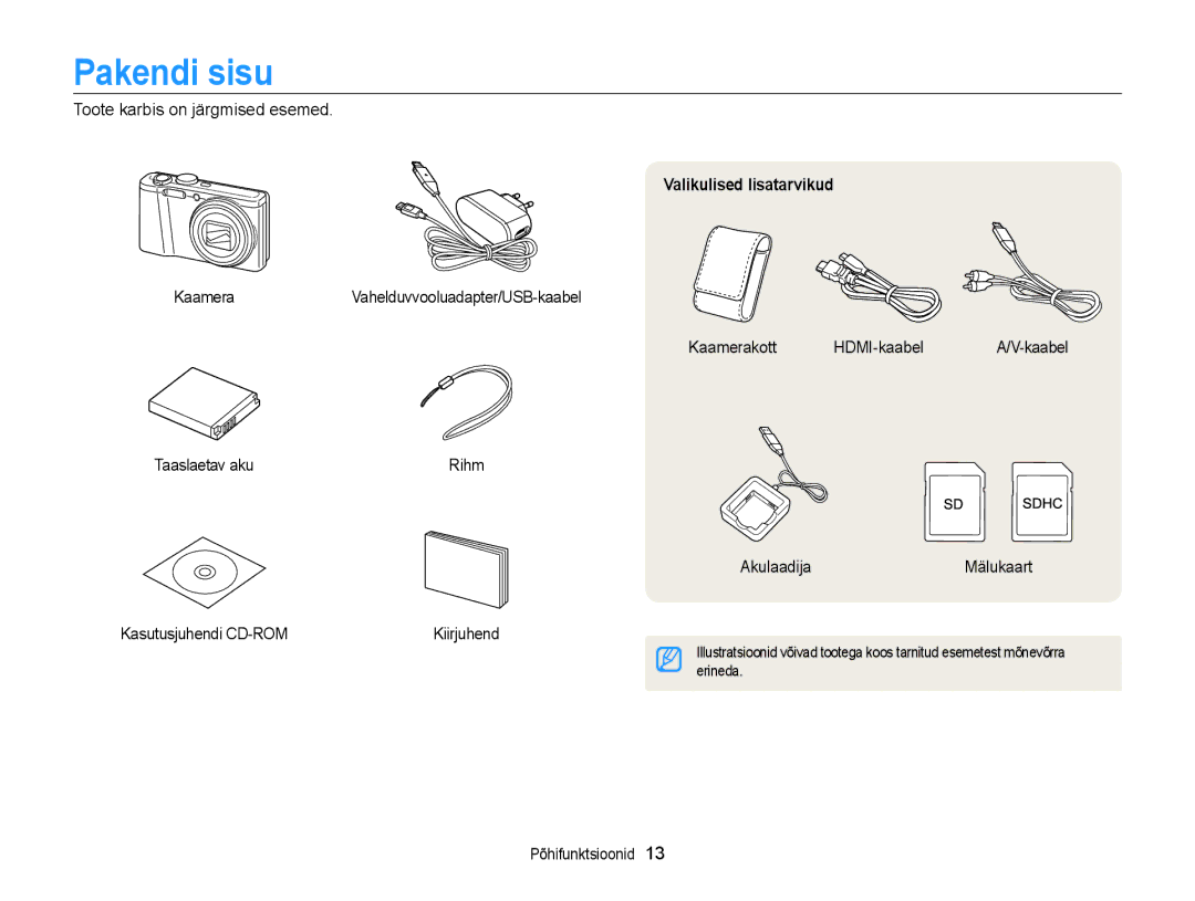 Samsung EC-WB700ZBPBE2 manual Pakendi sisu, Kasutusjuhendi CD-ROM, Valikulised lisatarvikud 