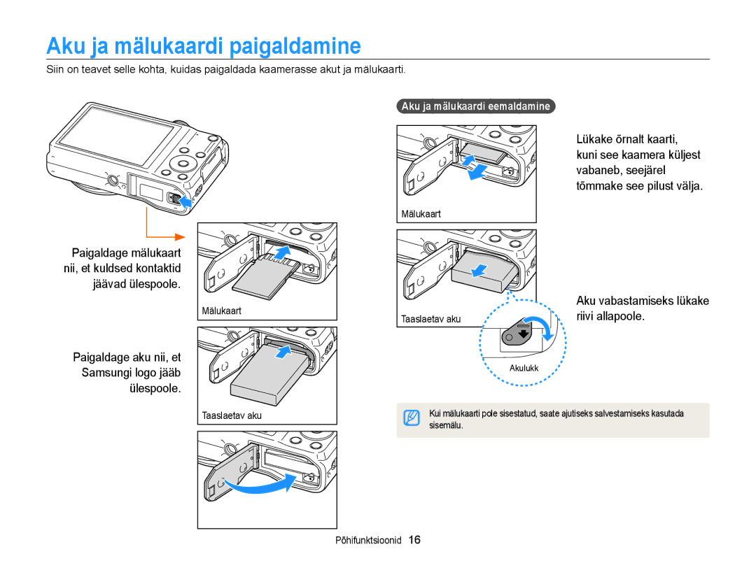 Samsung EC-WB700ZBPBE2 manual Aku ja mälukaardi paigaldamine, Paigaldage aku nii, et Samsungi logo jääb ülespoole 