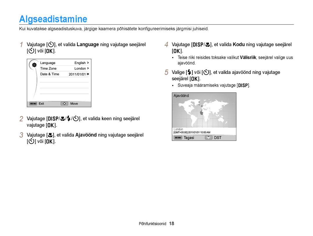 Samsung EC-WB700ZBPBE2 manual Algseadistamine, Valige F või t, et valida ajavöönd ning vajutage seejärel o 