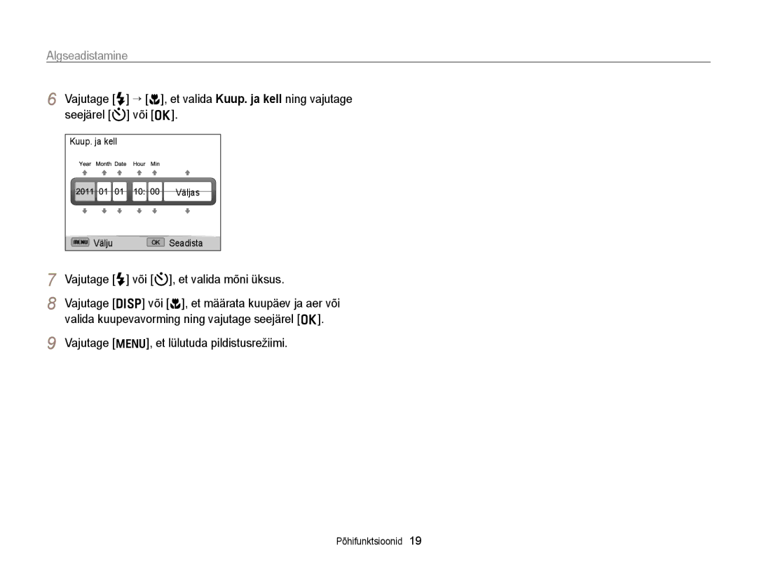 Samsung EC-WB700ZBPBE2 manual Algseadistamine, Seejärel t või o, Vajutage F või t, et valida mõni üksus 