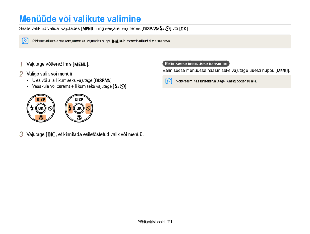 Samsung EC-WB700ZBPBE2 manual Menüüde või valikute valimine, Vajutage võtterežiimis m Valige valik või menüü 