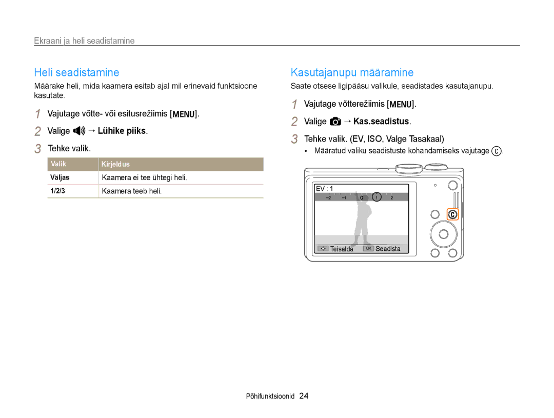 Samsung EC-WB700ZBPBE2 Heli seadistamine, Kasutajanupu määramine, Ekraani ja heli seadistamine, Valige U “ Lühike piiks 