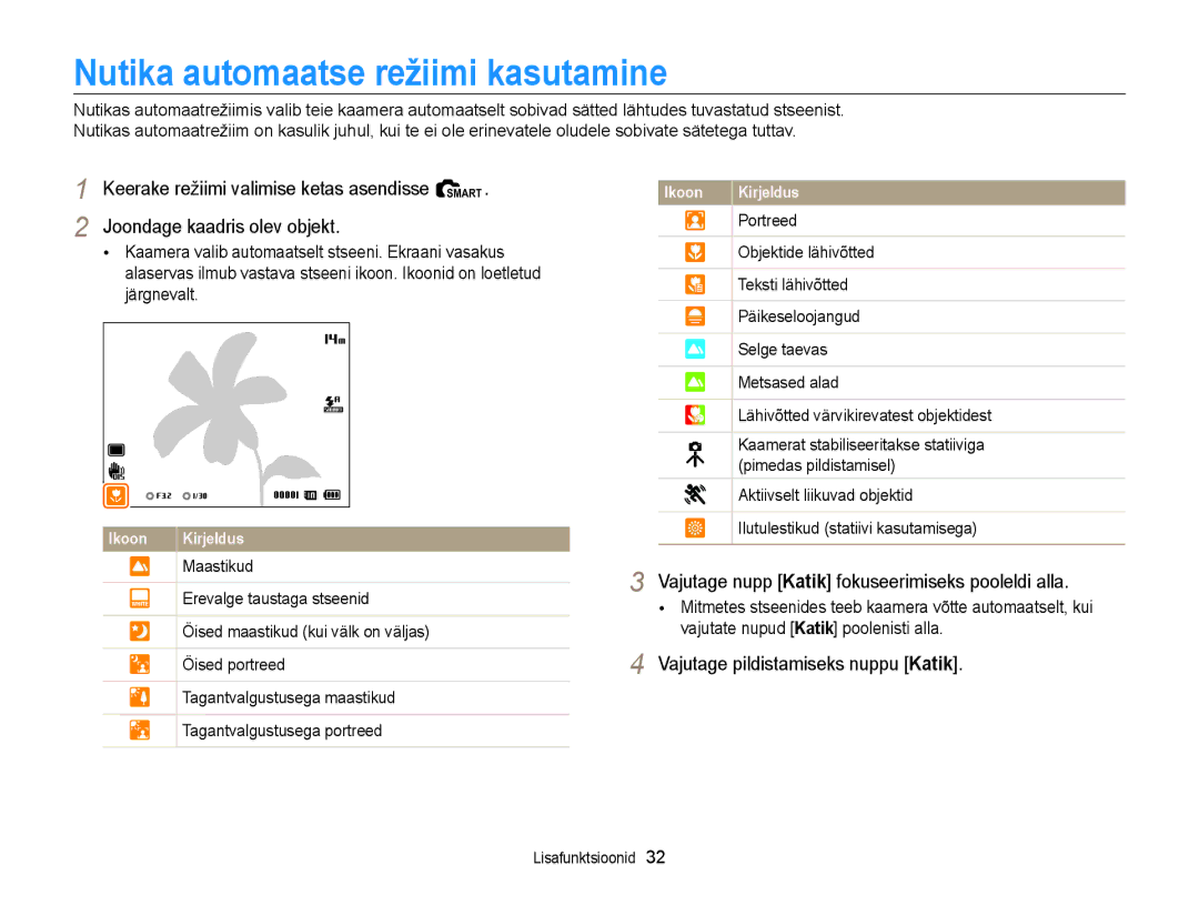 Samsung EC-WB700ZBPBE2 manual Nutika automaatse režiimi kasutamine, Vajutage nupp Katik fokuseerimiseks pooleldi alla 