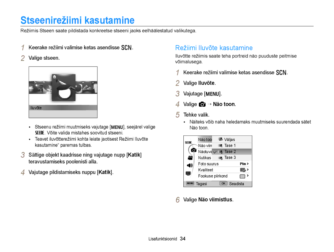 Samsung EC-WB700ZBPBE2 manual Stseenirežiimi kasutamine, Režiimi Iluvõte kasutamine, Valige Näo viimistlus 