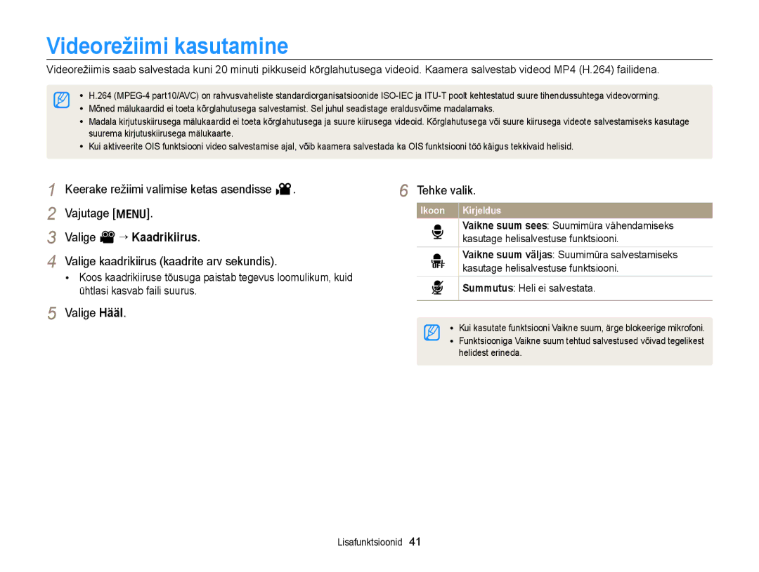 Samsung EC-WB700ZBPBE2 manual Videorežiimi kasutamine, Keerake režiimi valimise ketas asendisse Vajutage m 