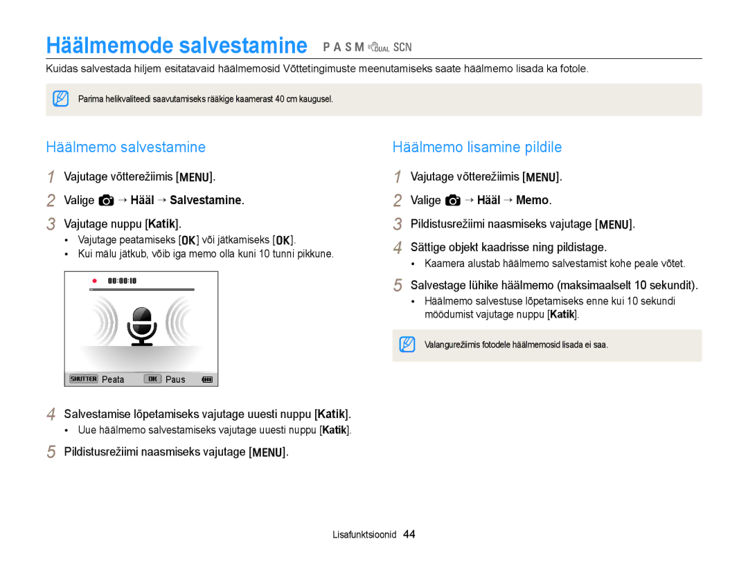 Samsung EC-WB700ZBPBE2 manual Häälmemode salvestamine p a h M d s, Häälmemo salvestamine, Häälmemo lisamine pildile 