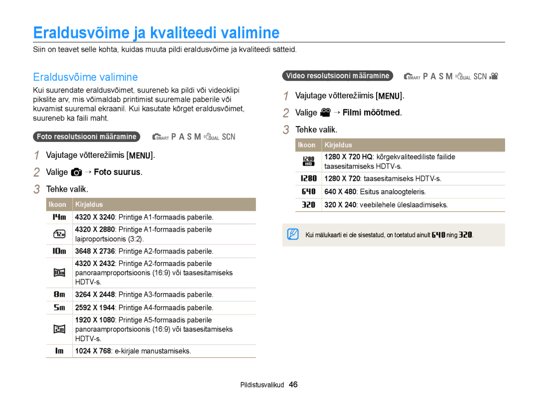 Samsung EC-WB700ZBPBE2 manual Eraldusvõime ja kvaliteedi valimine, Eraldusvõime valimine, Valige a “ Foto suurus 