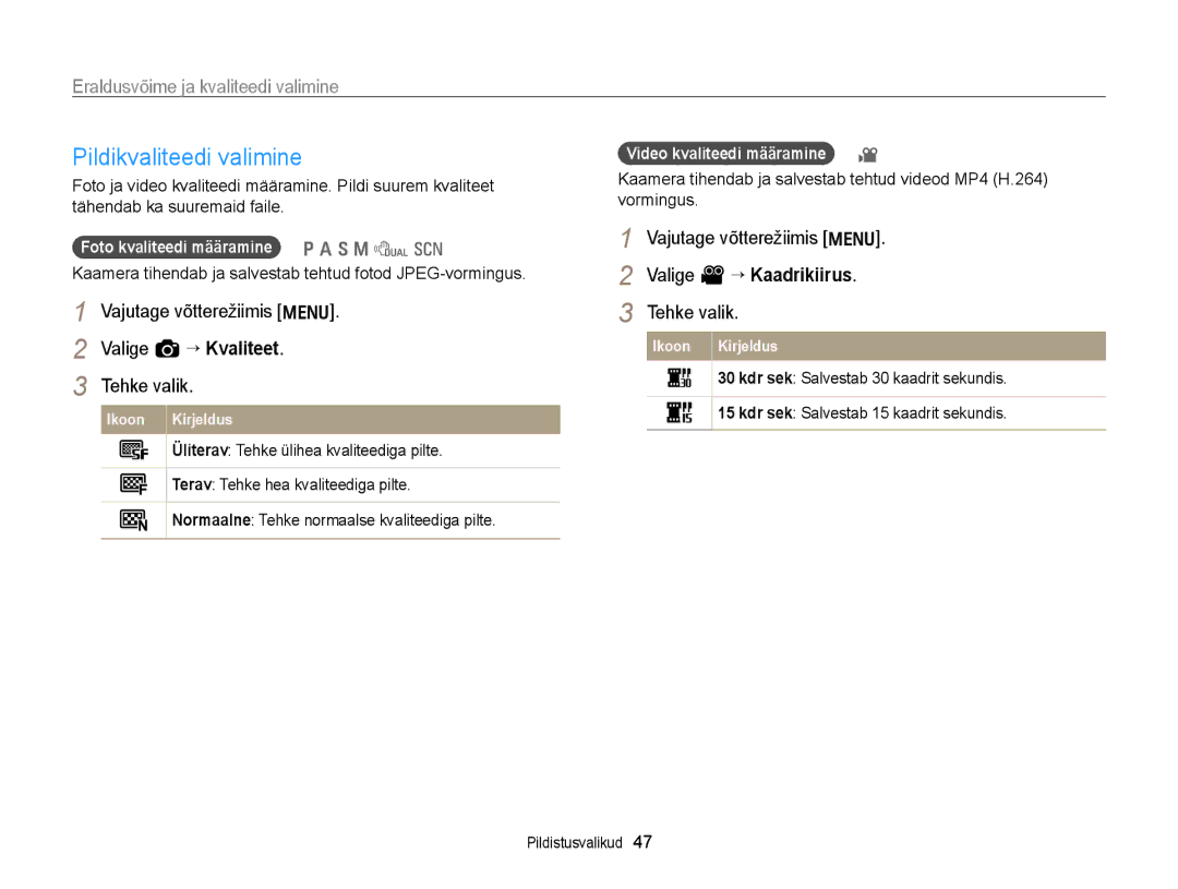 Samsung EC-WB700ZBPBE2 manual Pildikvaliteedi valimine, Eraldusvõime ja kvaliteedi valimine 