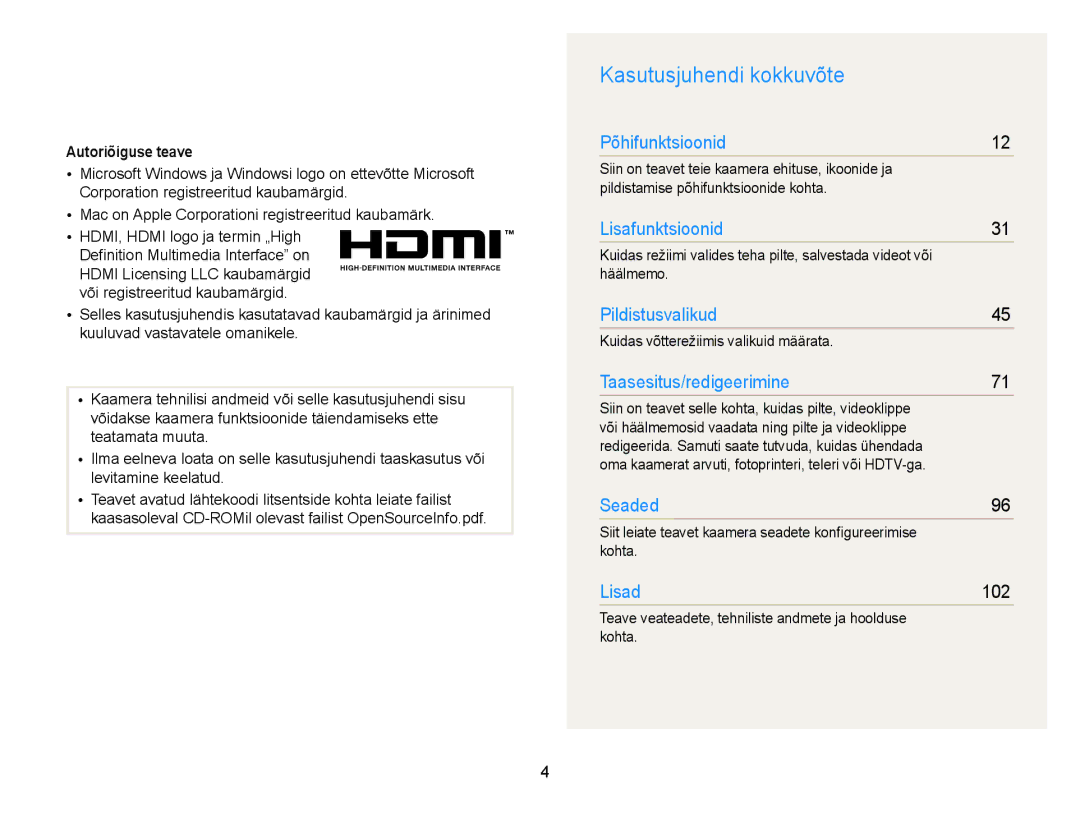 Samsung EC-WB700ZBPBE2 manual Kasutusjuhendi kokkuvõte, Autoriõiguse teave, Häälmemo, Kuidas võtterežiimis valikuid määrata 