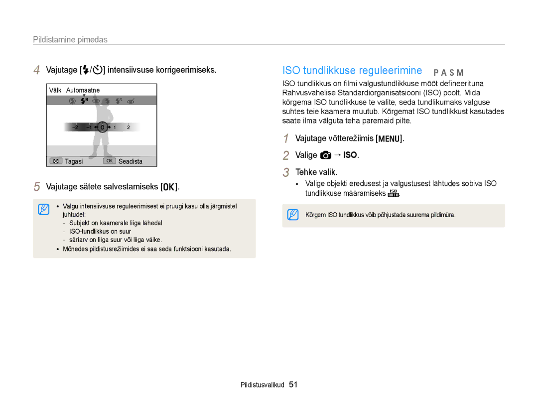 Samsung EC-WB700ZBPBE2 manual ISO tundlikkuse reguleerimine p a h M, Vajutage F/t intensiivsuse korrigeerimiseks 