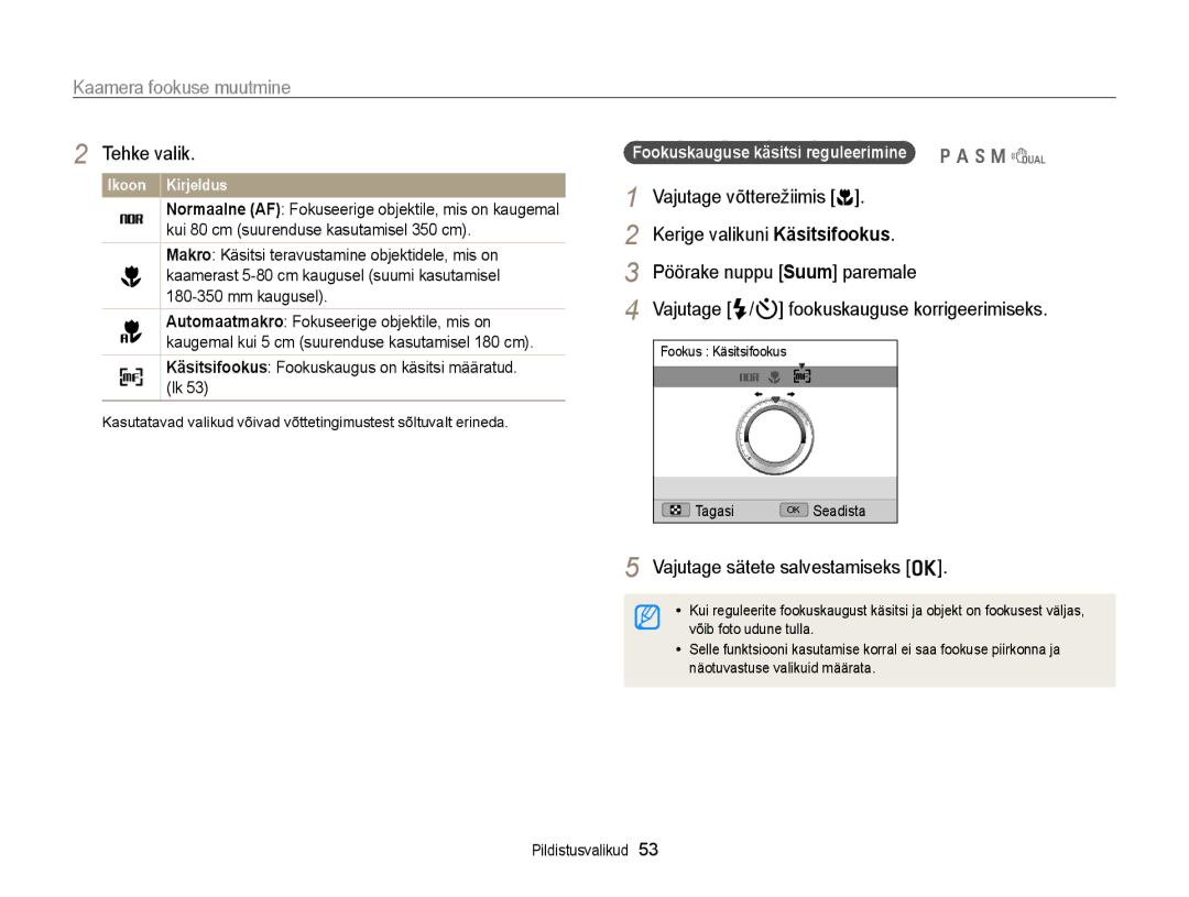 Samsung EC-WB700ZBPBE2 manual Kaamera fookuse muutmine, Käsitsifookus Fookuskaugus on käsitsi määratud. lk 