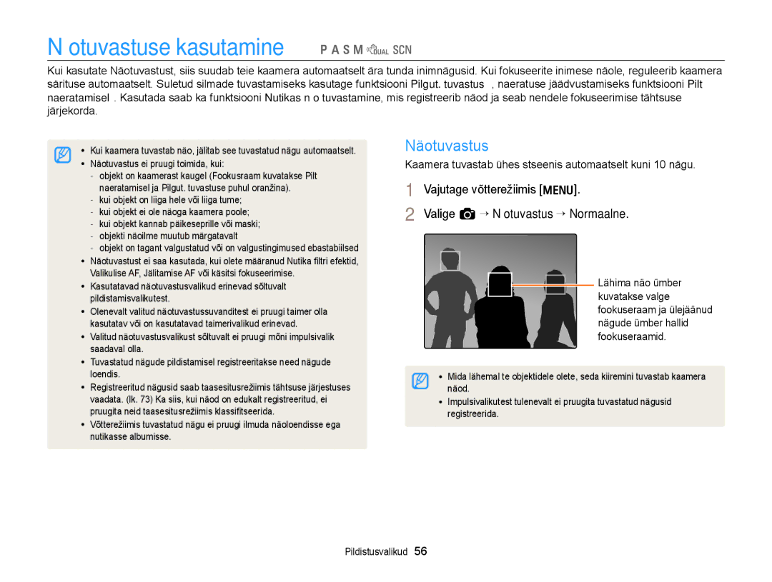 Samsung EC-WB700ZBPBE2 manual Näotuvastuse kasutamine p a h M d s, Valige a “ Näotuvastus “ Normaalne 