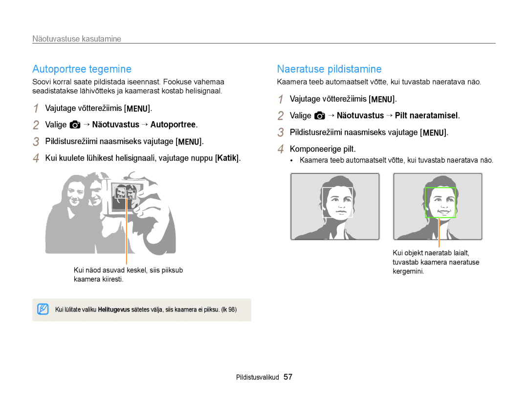 Samsung EC-WB700ZBPBE2 manual Autoportree tegemine, Naeratuse pildistamine, Näotuvastuse kasutamine 