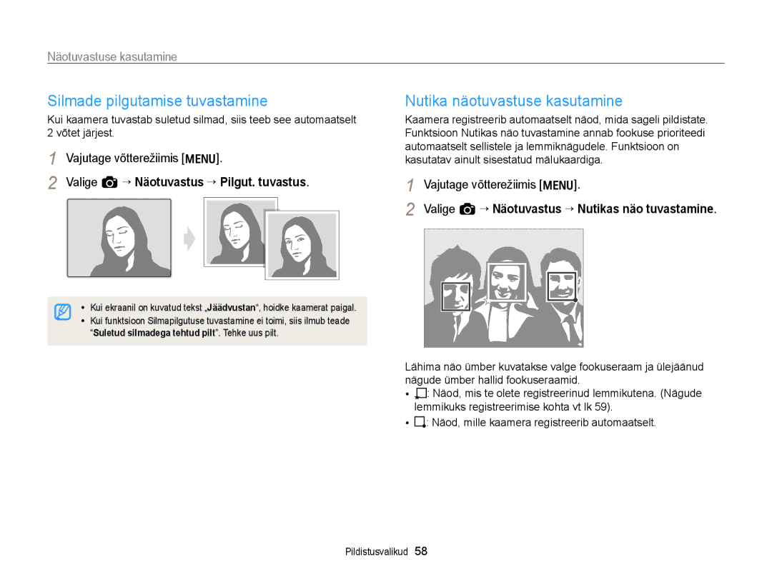 Samsung EC-WB700ZBPBE2 manual Silmade pilgutamise tuvastamine, Nutika näotuvastuse kasutamine 