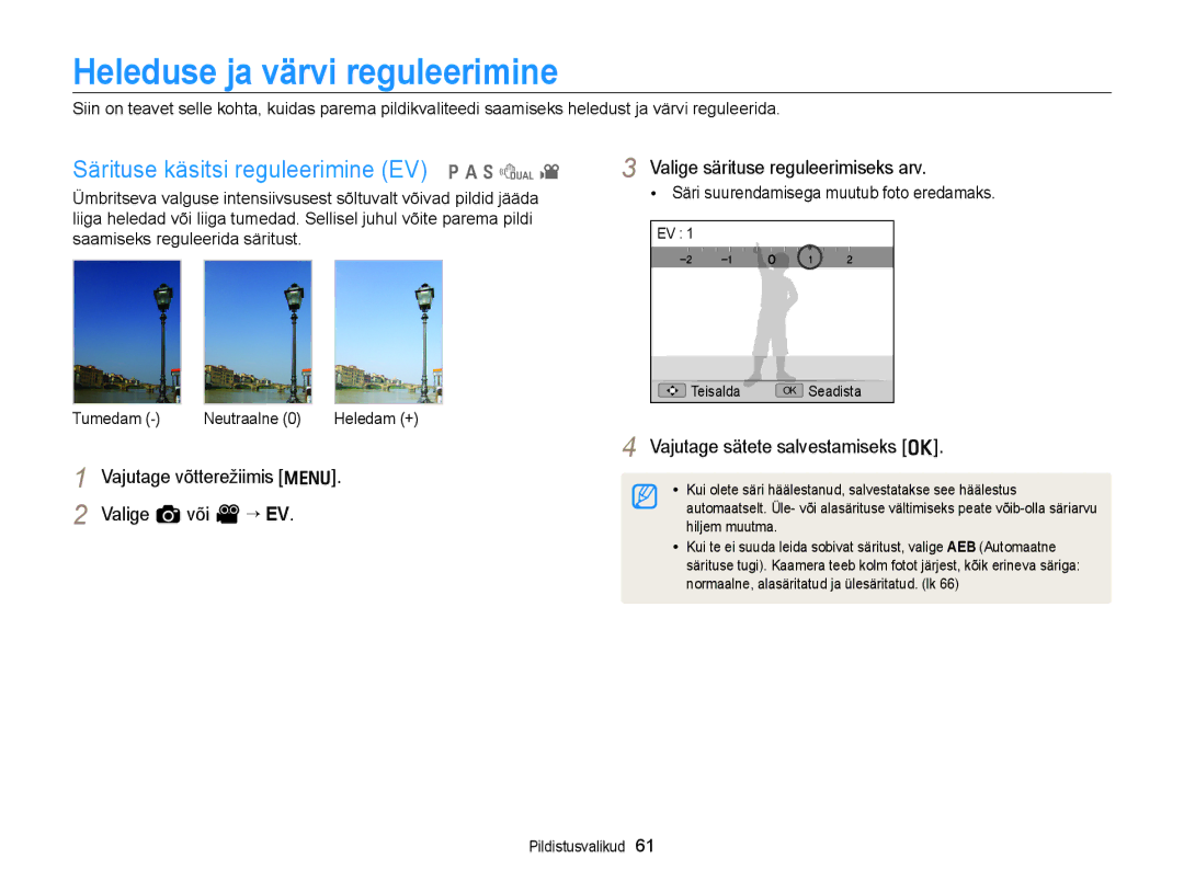 Samsung EC-WB700ZBPBE2 manual Heleduse ja värvi reguleerimine, Särituse käsitsi reguleerimine EV p a h d 