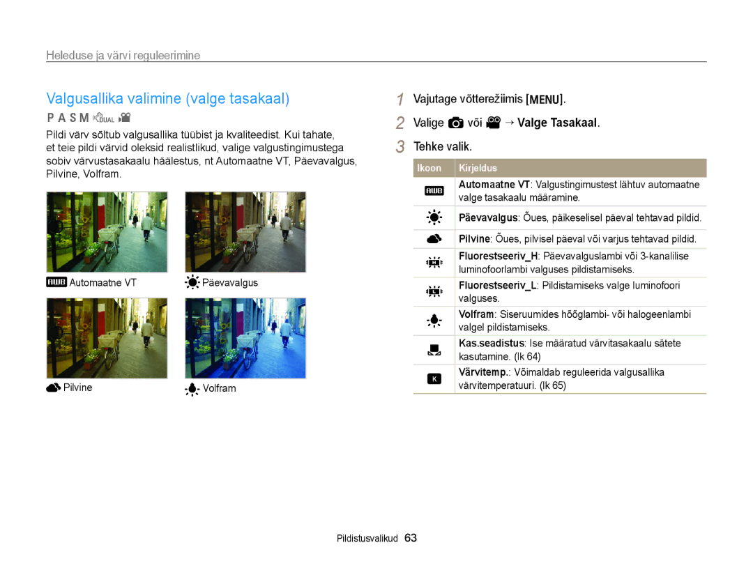 Samsung EC-WB700ZBPBE2 manual Valgusallika valimine valge tasakaal 